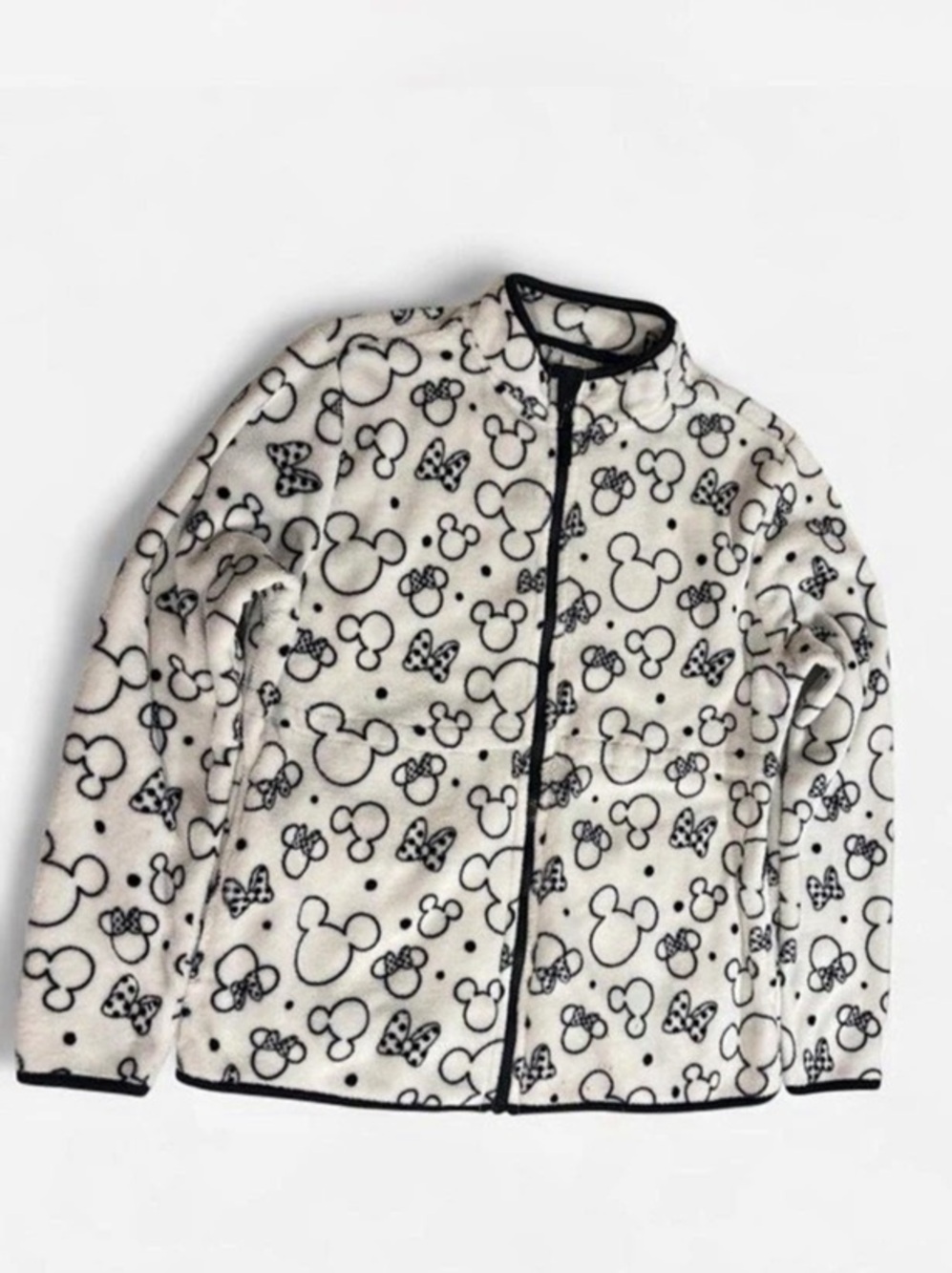 Disney Mickey Mouse white fleece jacket black Mickey Mouse head outlines bows